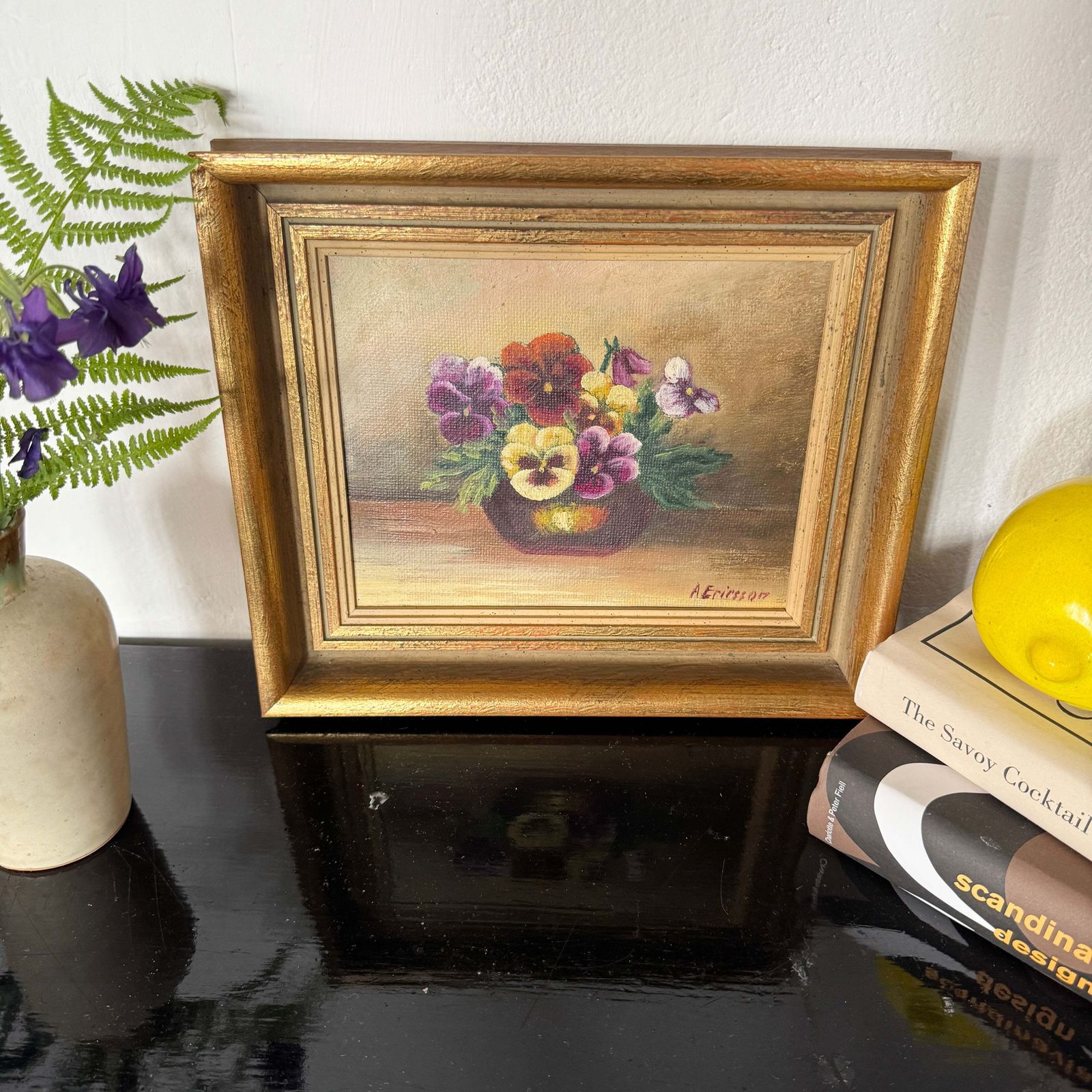 Pansies In Quiet Light. Vintage Swedish Oil Painting. photo furniture