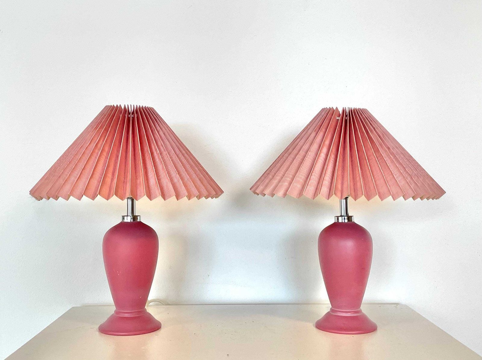 Vintage Pair Of Danish Odreco Mid Century Ceramic Table Lamps In Pink With Elegant Design Details And Cute Matching Pink Shades photo 274.0