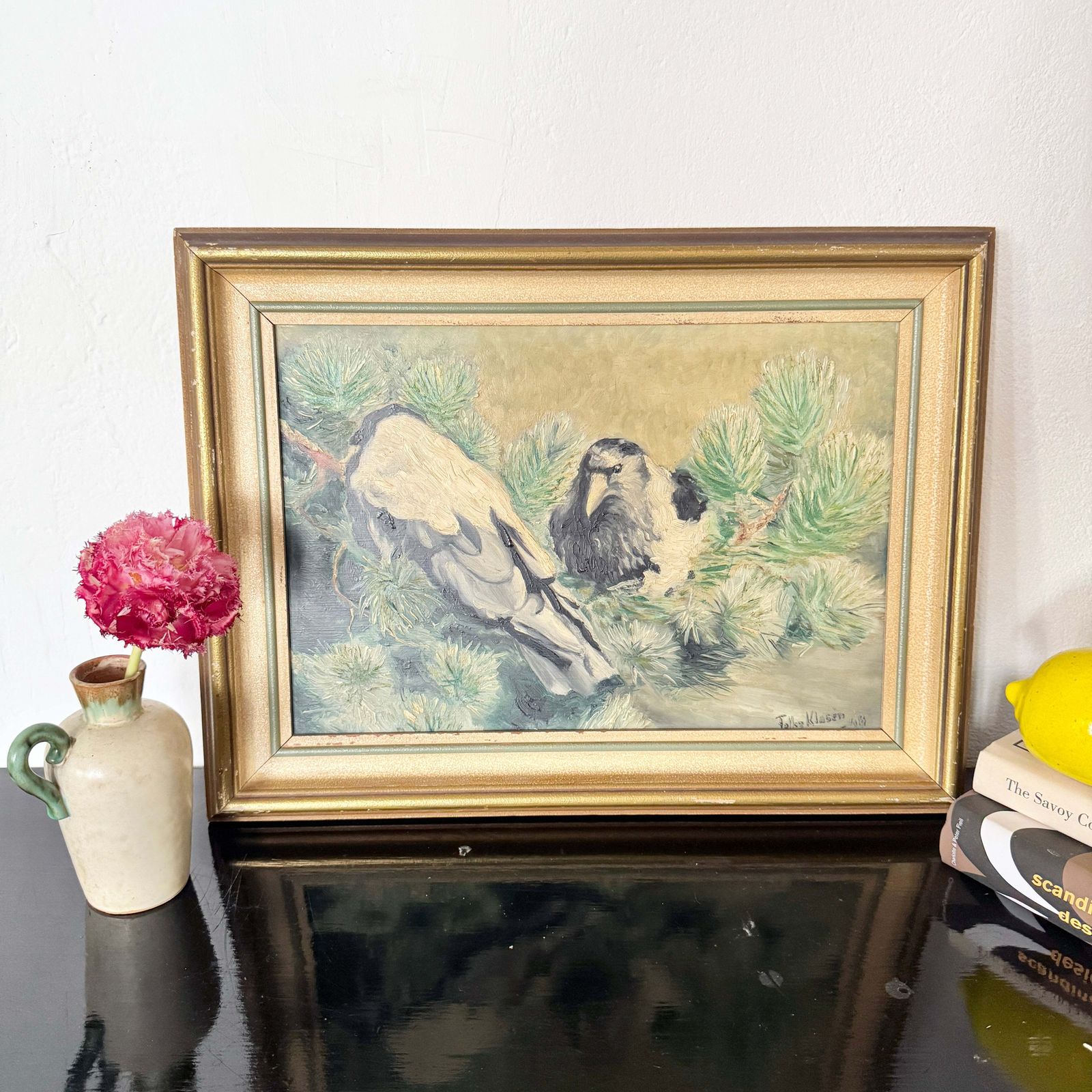 Magpie Rhyme. Vintage Swedish Oil Painting. photo furniture