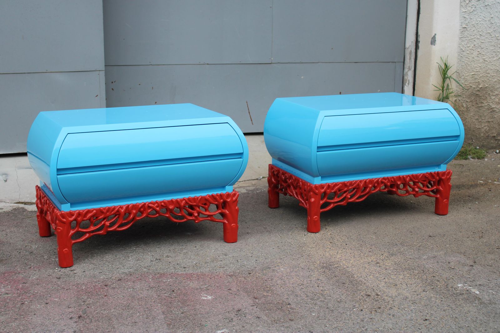 Pair Of Arpex Bedside Tables 1970 Italy Turquoise And Coral Red 1970 Italy photo for sale