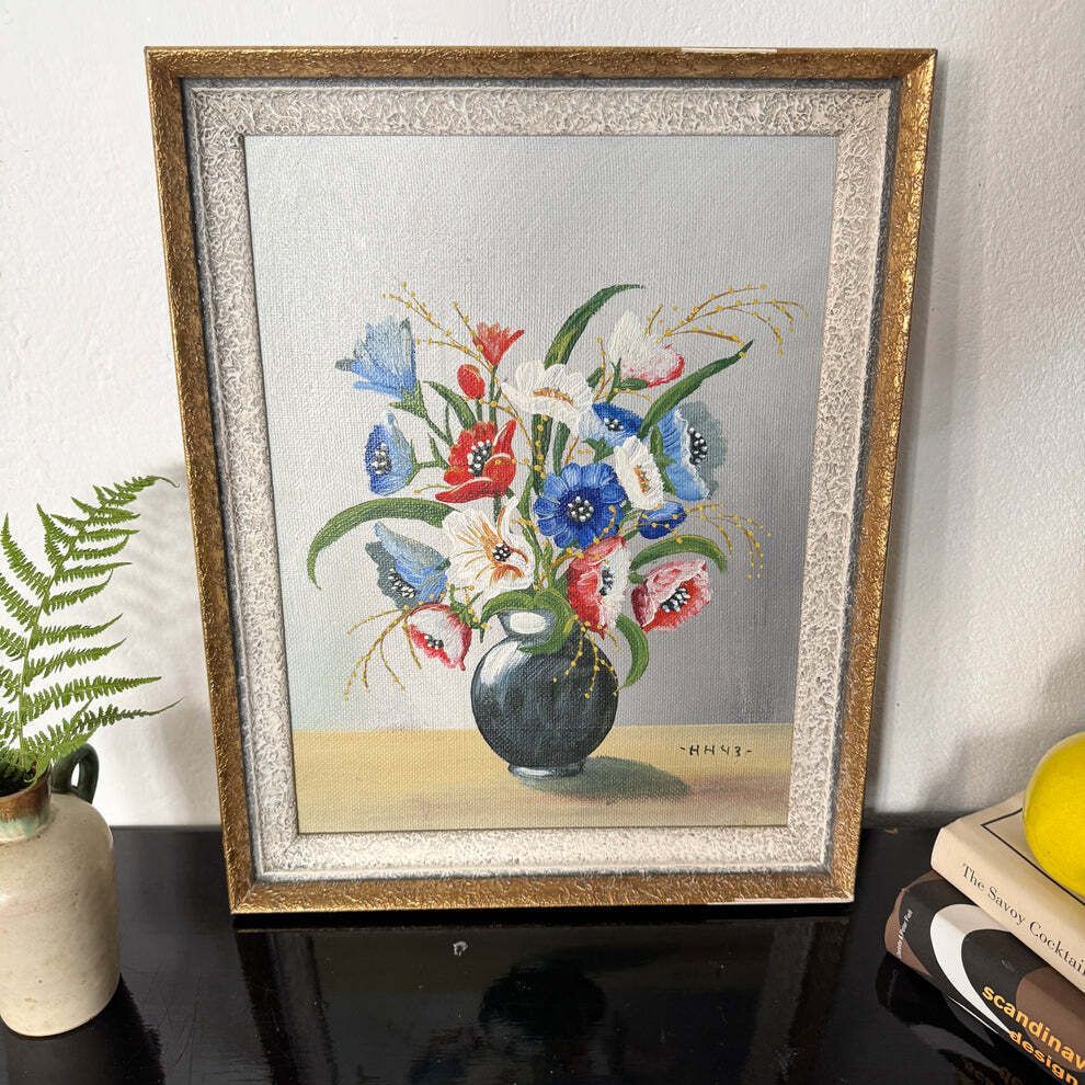 Wildflowers In Wartime. Vintage Scandinavian Oil Painting. photo furniture