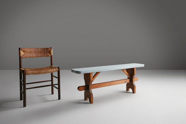 Art Deco Rustic Wooden Bench With Blue Top, France, 1930s photo for sale