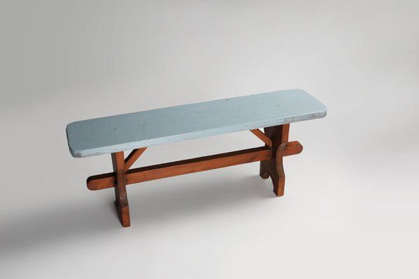 photo furniture Art Deco Rustic Wooden Bench With Blue Top, France, 1930s