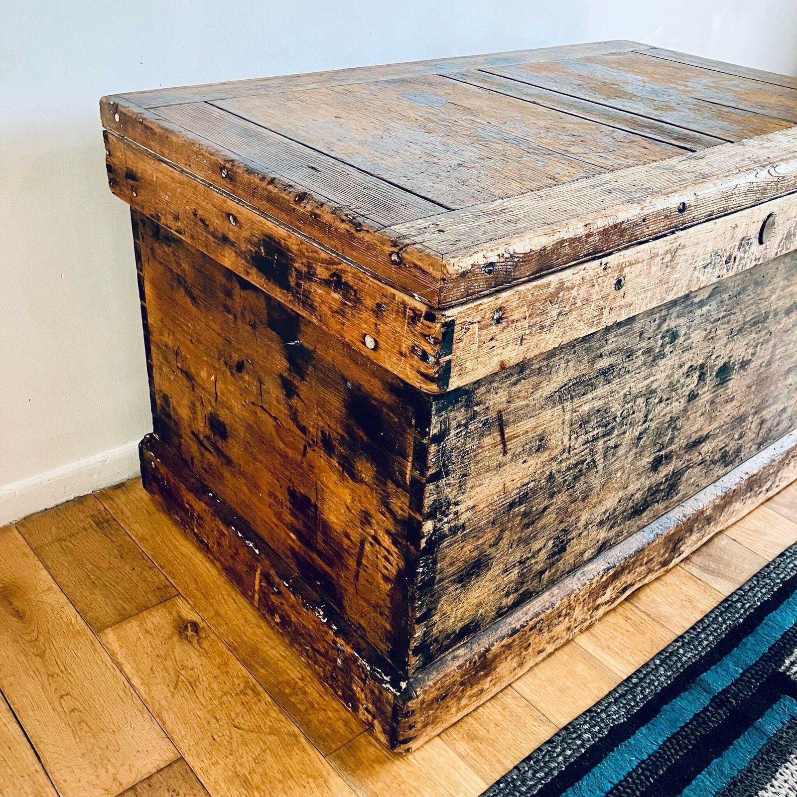 photo for sale Rare Exquisite Antique Distressed Pine Chest Trunk Large Storage Chest Unique 103cm