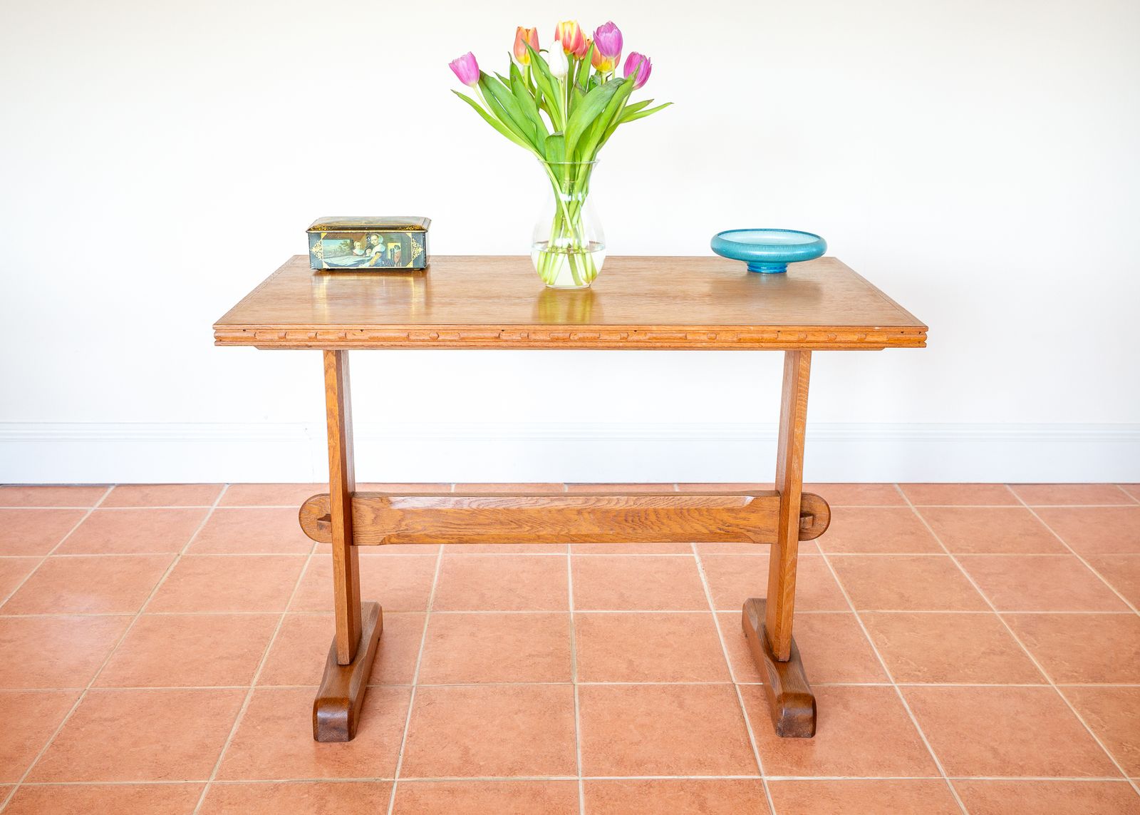 Light Red Oak Refectory Trestle Table Cotswold School Arts And Crafts Heals Bedroom Side Dining Tabl.E Rustic Farmhouse Antiqu.E photo furniture