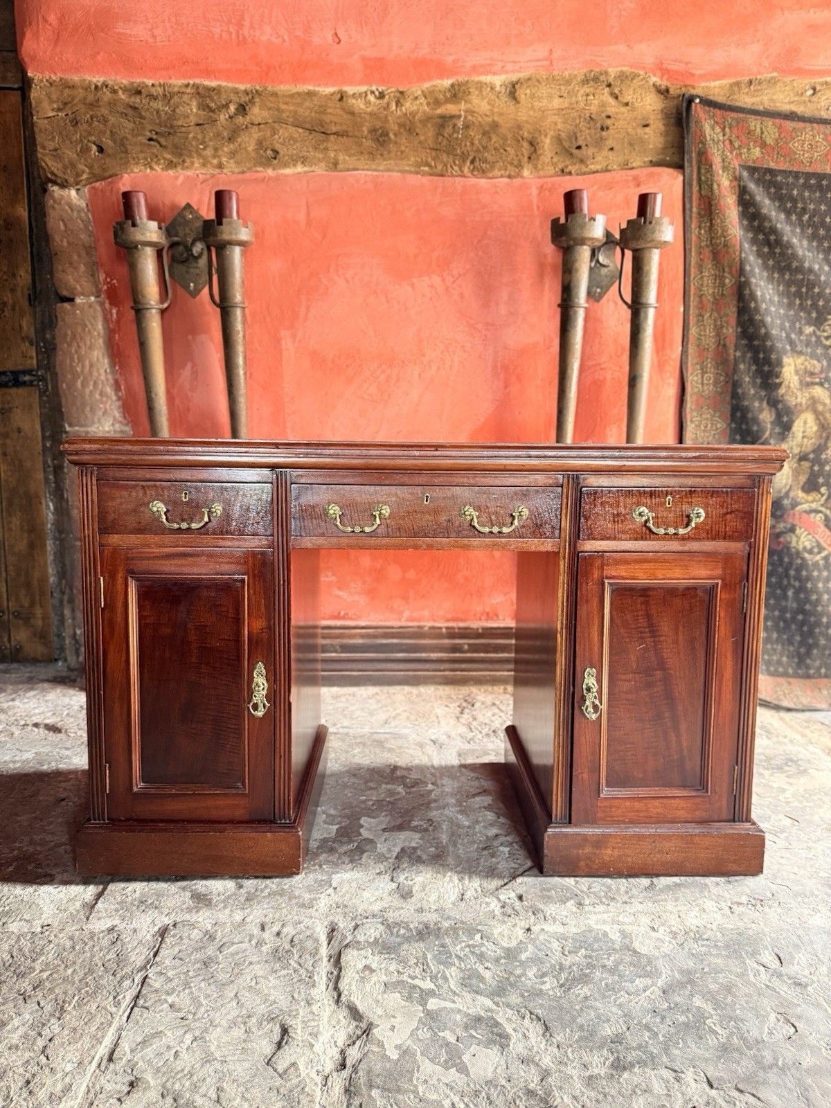 Original English Antique Mahogany Red  Leather Office Pedestal Desk Circa 1800's