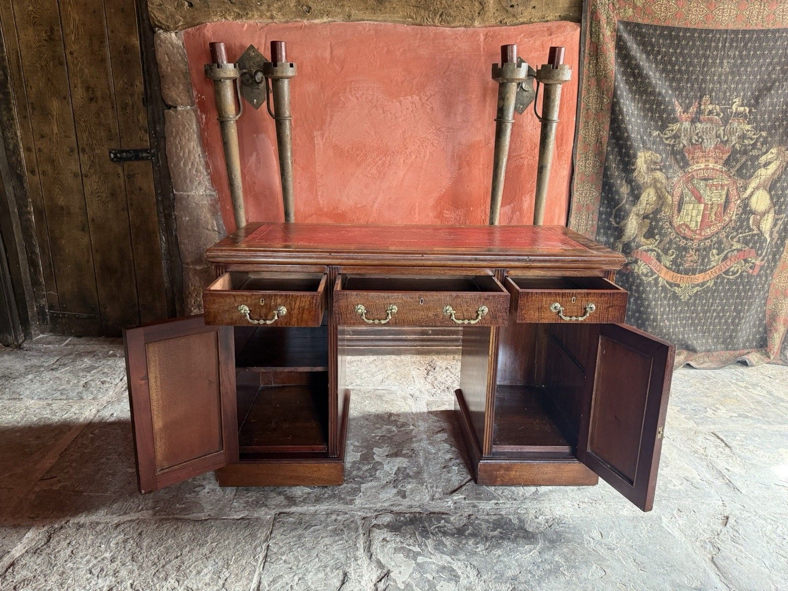 Original English Antique Mahogany Red  Leather Office Pedestal Desk Circa 1800's photo for sale