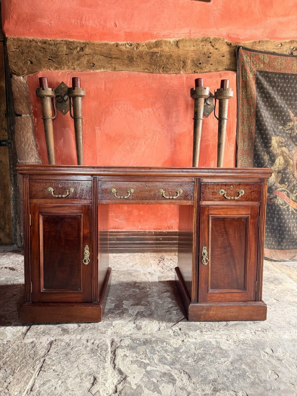 Original English Antique Mahogany Red  Leather Office Pedestal Desk Circa 1800's photo Furniture