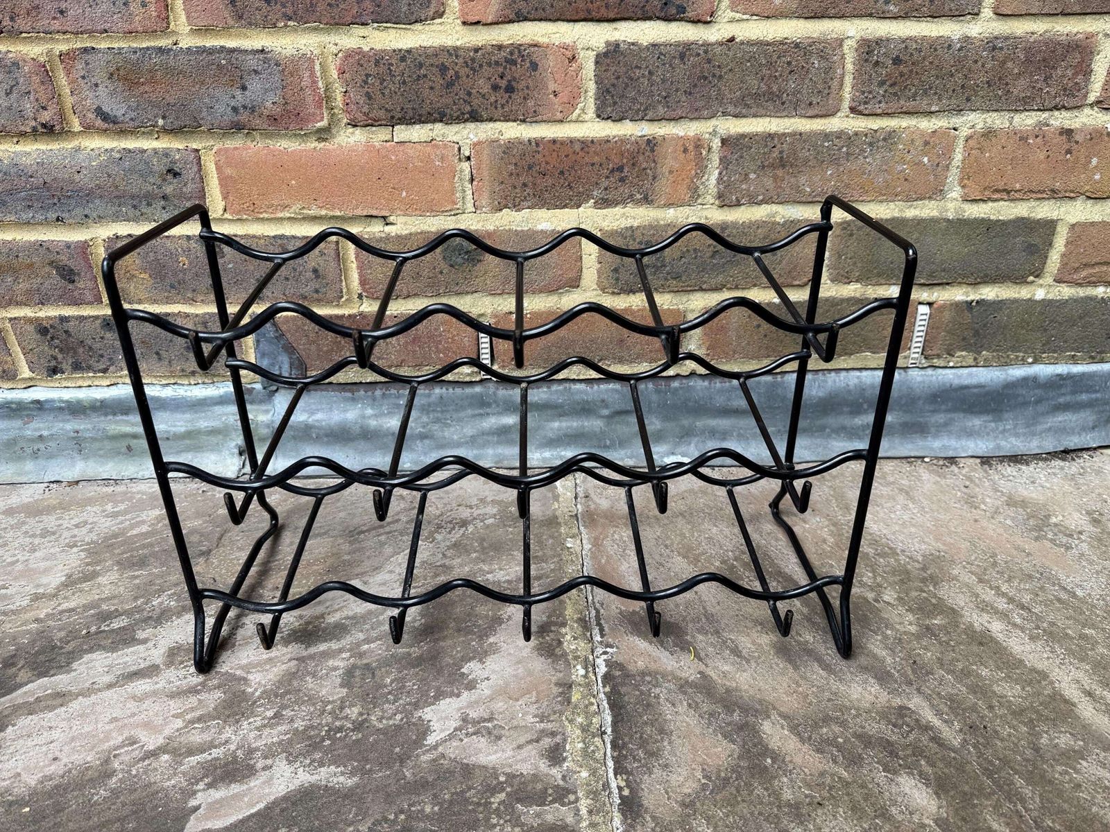 Vintage 80s Black Wire Wine Rack 15 Bottle Storage Freestanding Or Wall Mounted Metal Bar Stand Minimalist Kitchen Holder Industrial Retro photo furniture