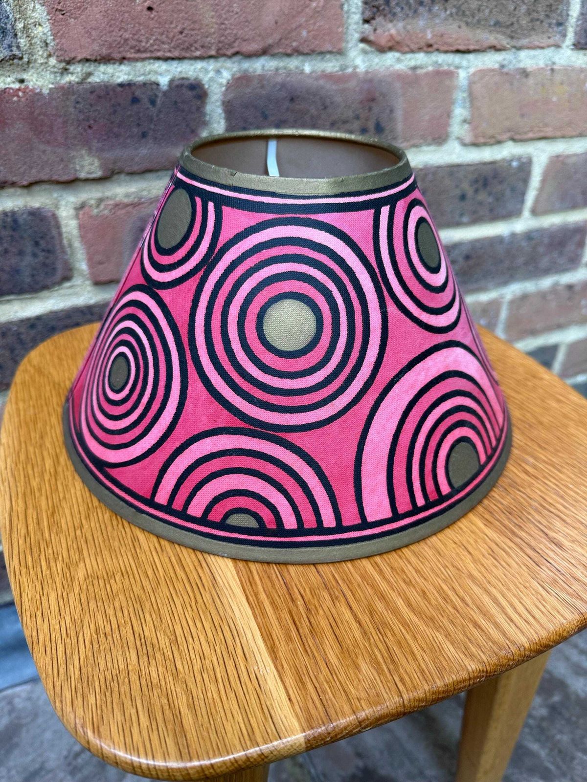 Hand Painted Pink Canvas Lampshade   Cressida Bell Signed Retro Pop Art Concentric Circles 90s Bold Lighting Shade Boho Decor photo furniture