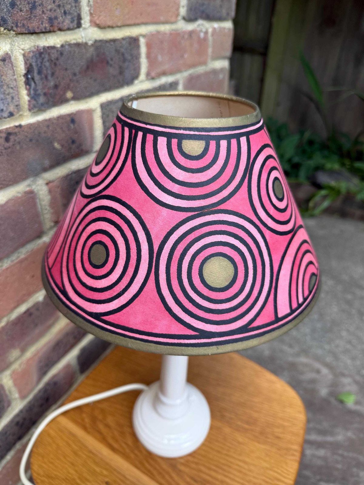 Hand Painted Pink Canvas Lampshade   Cressida Bell Signed Retro Pop Art Concentric Circles 90s Bold Lighting Shade Boho Decor photo for sale