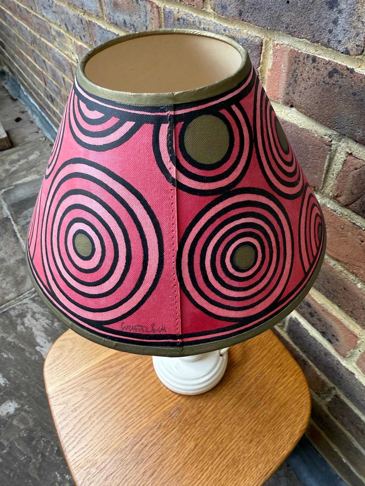 Hand Painted Pink Canvas Lampshade   Cressida Bell Signed Retro Pop Art Concentric Circles 90s Bold Lighting Shade Boho Decor photo vinterior