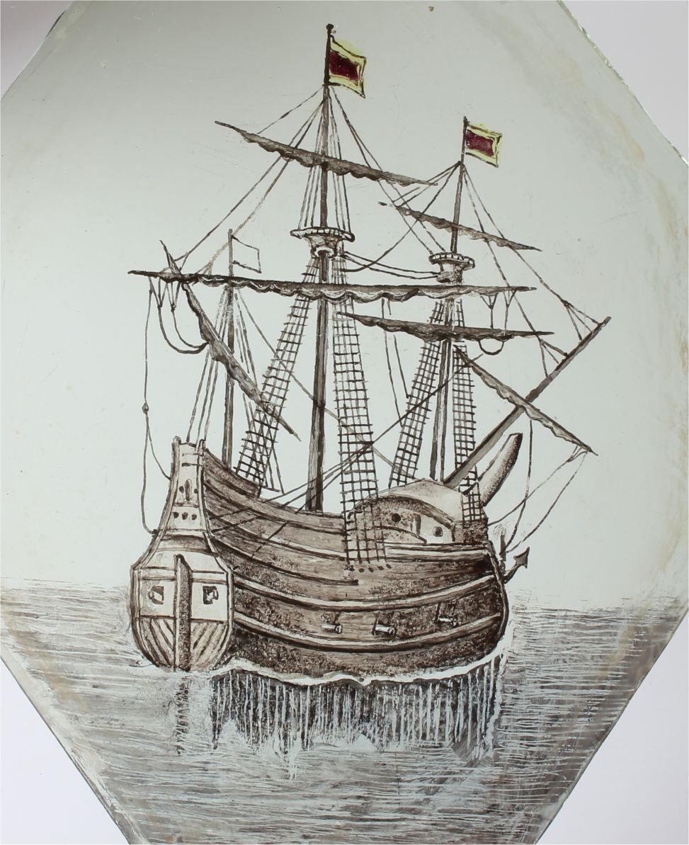 17th Century Stained Glass Of Galleon Ship. Nautical Window Panel C1690.