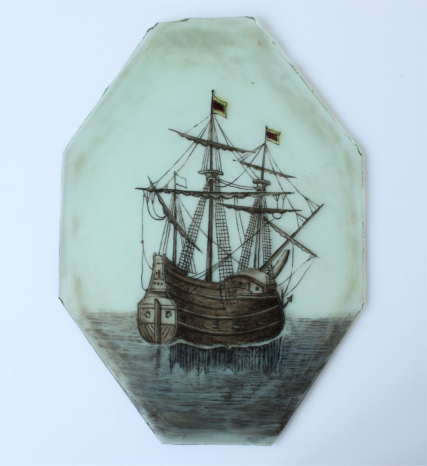 17th Century Stained Glass Of Galleon Ship. Nautical Window Panel C1690. photo furniture