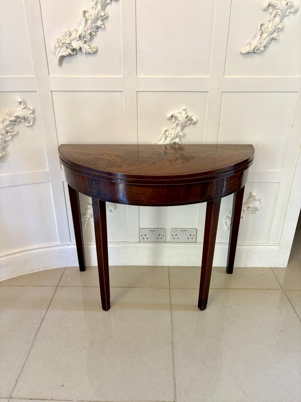 Antique 18th Century Quality Mahogany Inlaid Demi Lune Shaped Card Table