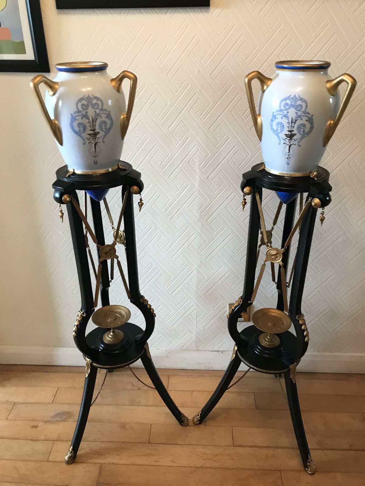 Pair Ebonised And Gilt Metal French Empire Style Athenienne Stands With Porcelain Amphora Vases photo Home Decor