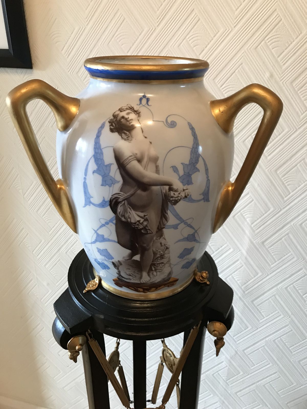 photo furniture Pair Ebonised And Gilt Metal French Empire Style Athenienne Stands With Porcelain Amphora Vases
