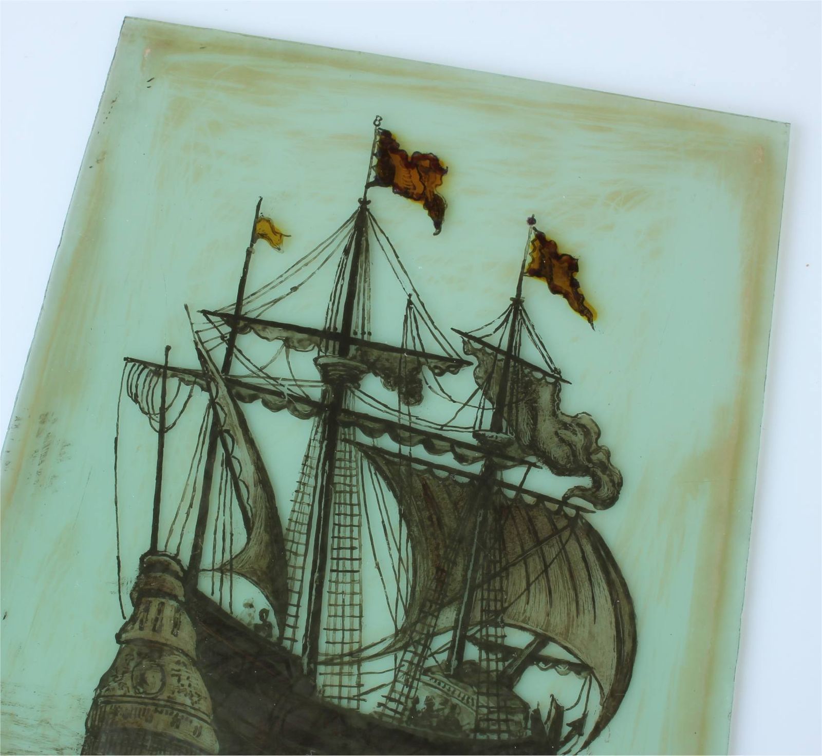 295.0 Stained Glass Window. Galleon Sailing Ship Nautical Panel. 17th Century. photo