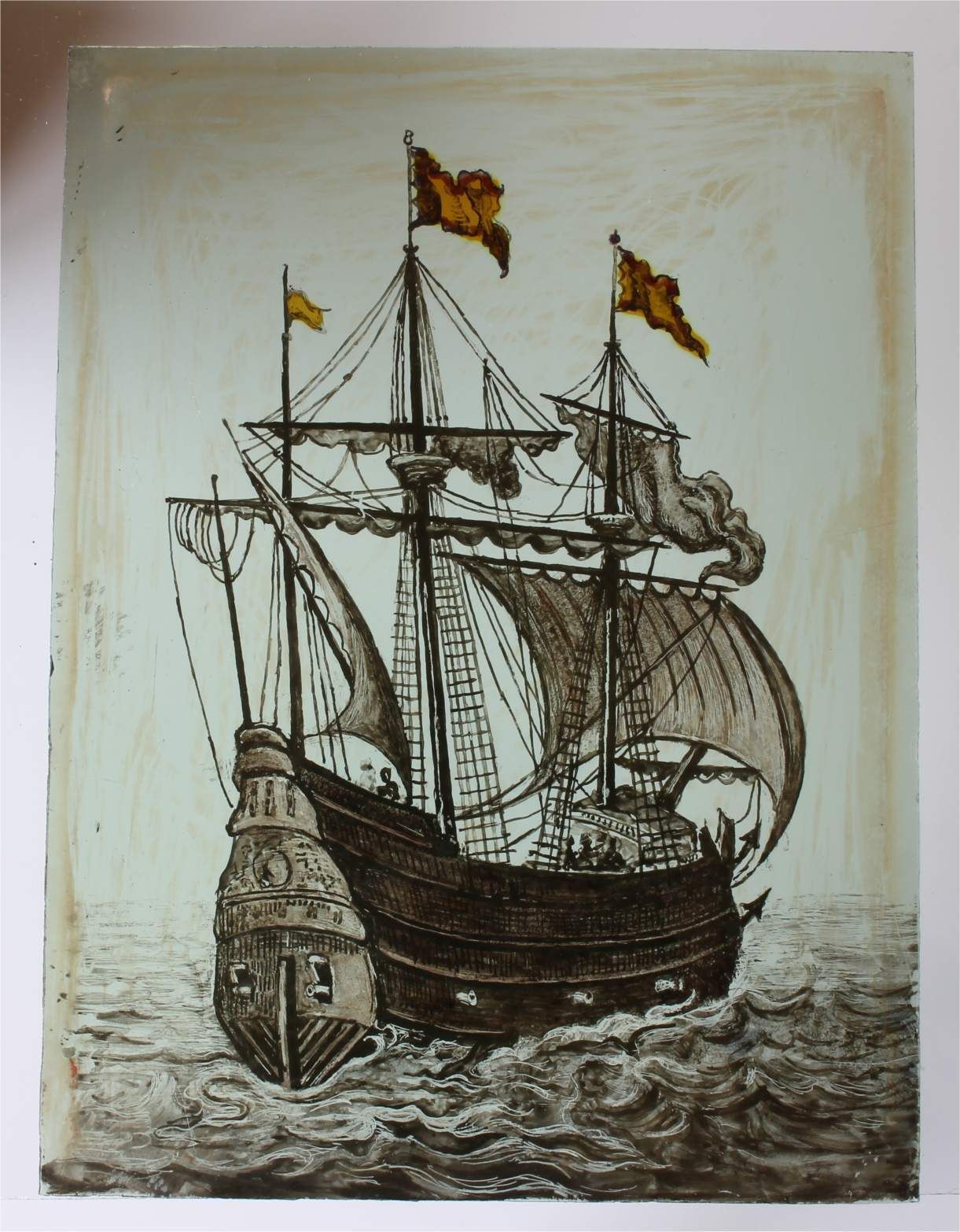 photo vinterior Stained Glass Window. Galleon Sailing Ship Nautical Panel. 17th Century.