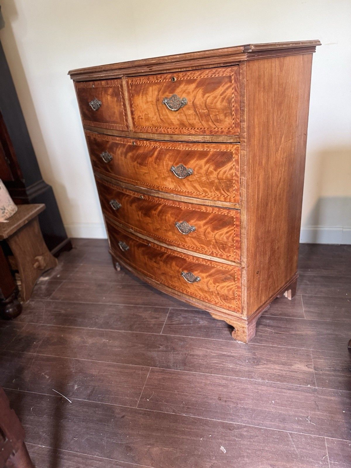 19th Century Mahogany And Inlaid Bow Fronted Chest Of Drawers photo vinterior