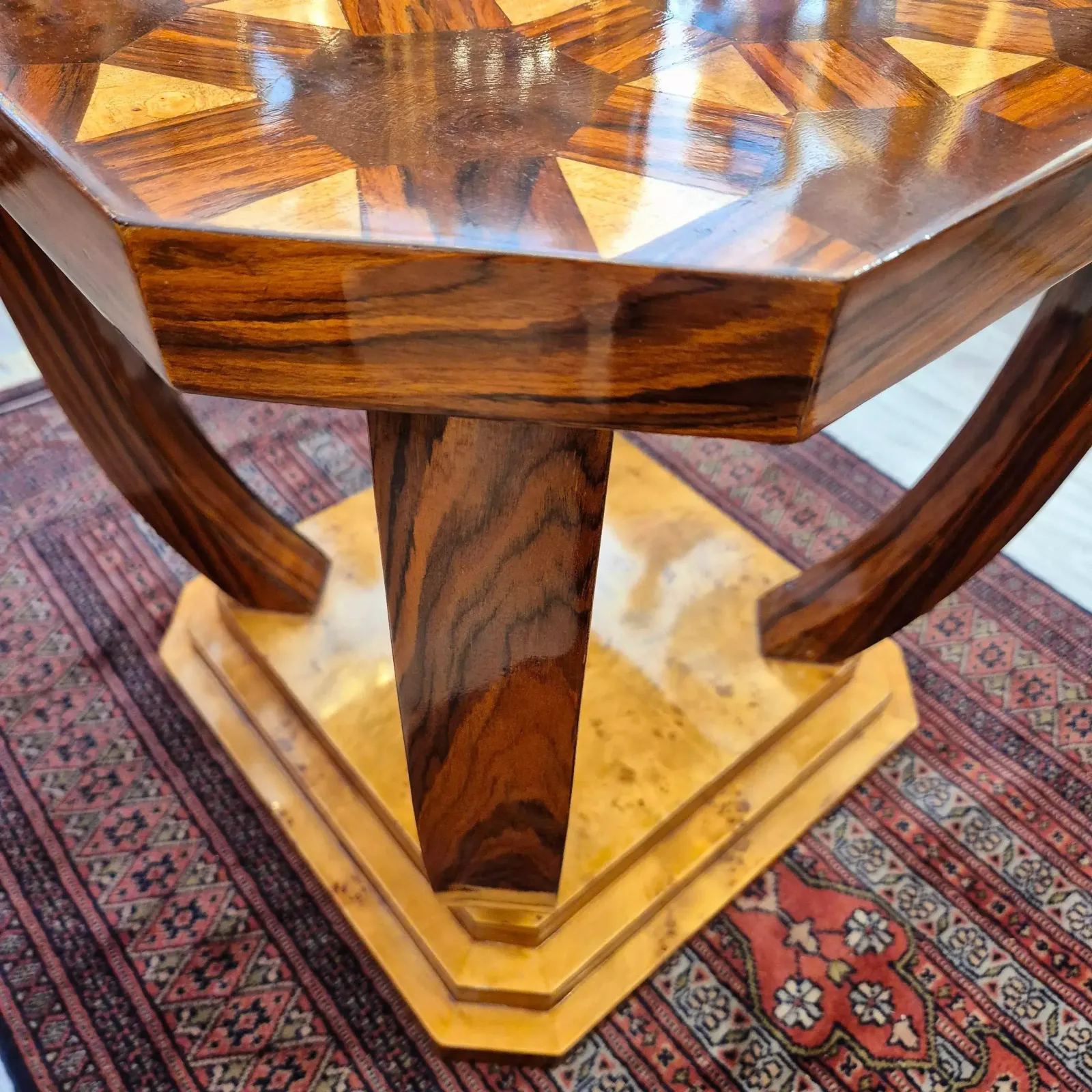 Art Deco Style Pedestal Table With Wooden Marquetry, Circa 1980 photo for sale