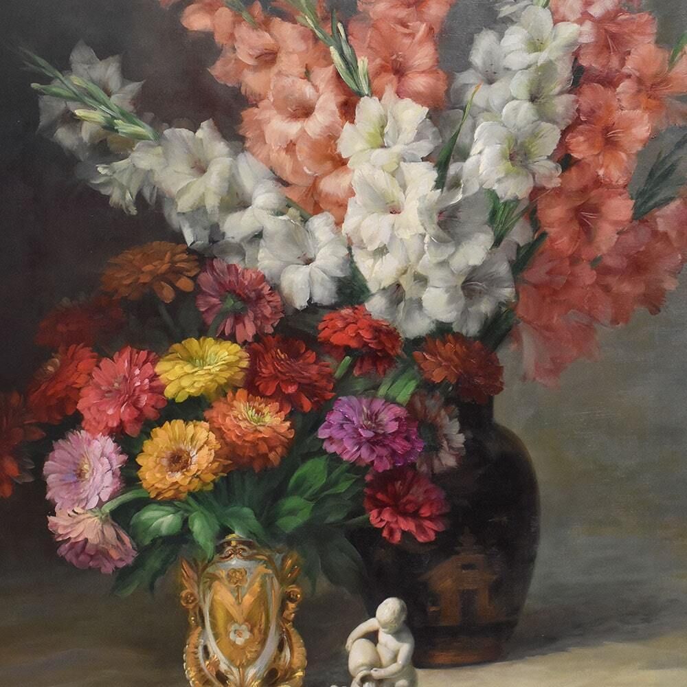 Beautiful Flower Paintings, Irises And Gerberas, Oil On Canvas, Julien Stappers, XX Century. photo Art