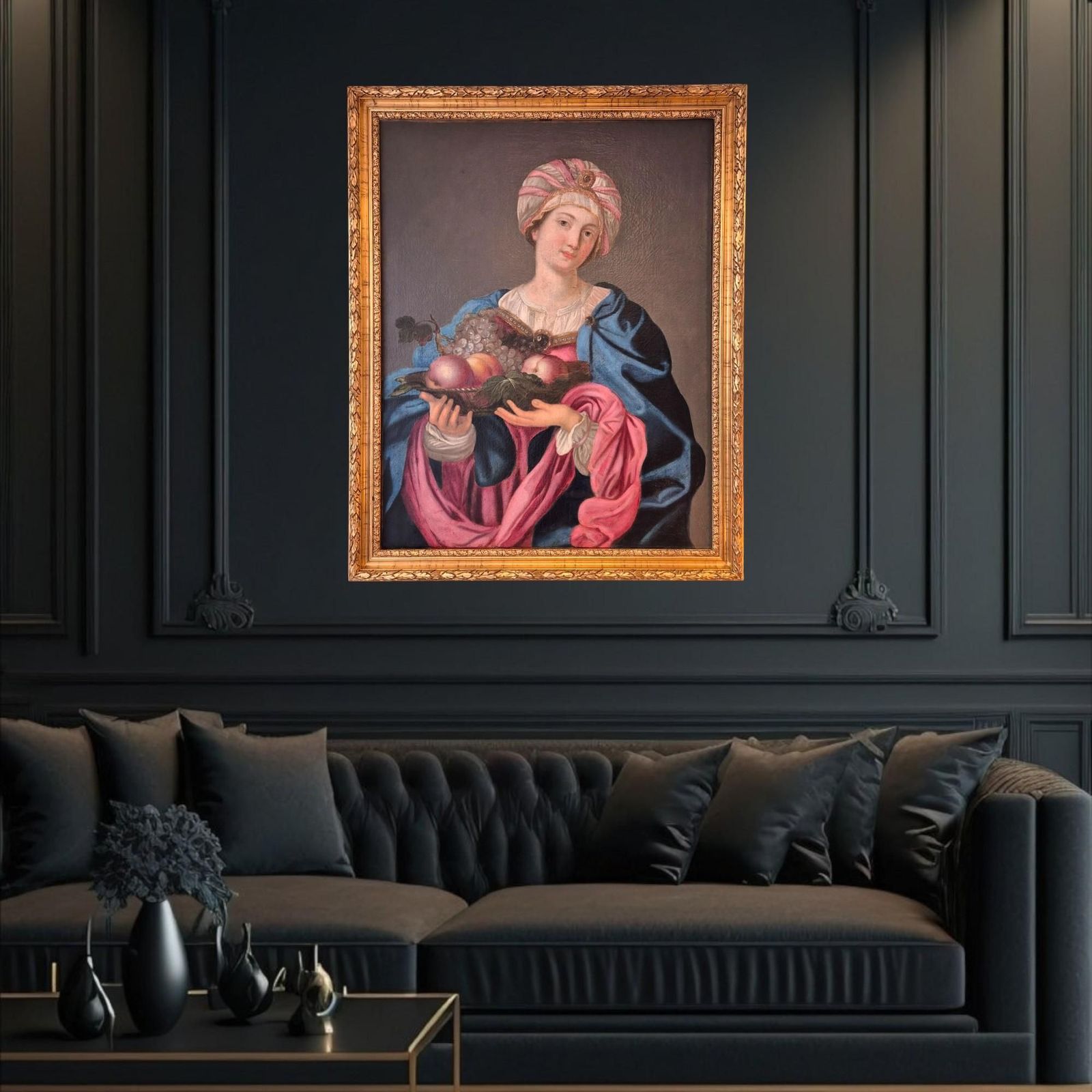 Sybille With Turban And Fruit Bowl, Oil On Canvas, 19th Century photo furniture