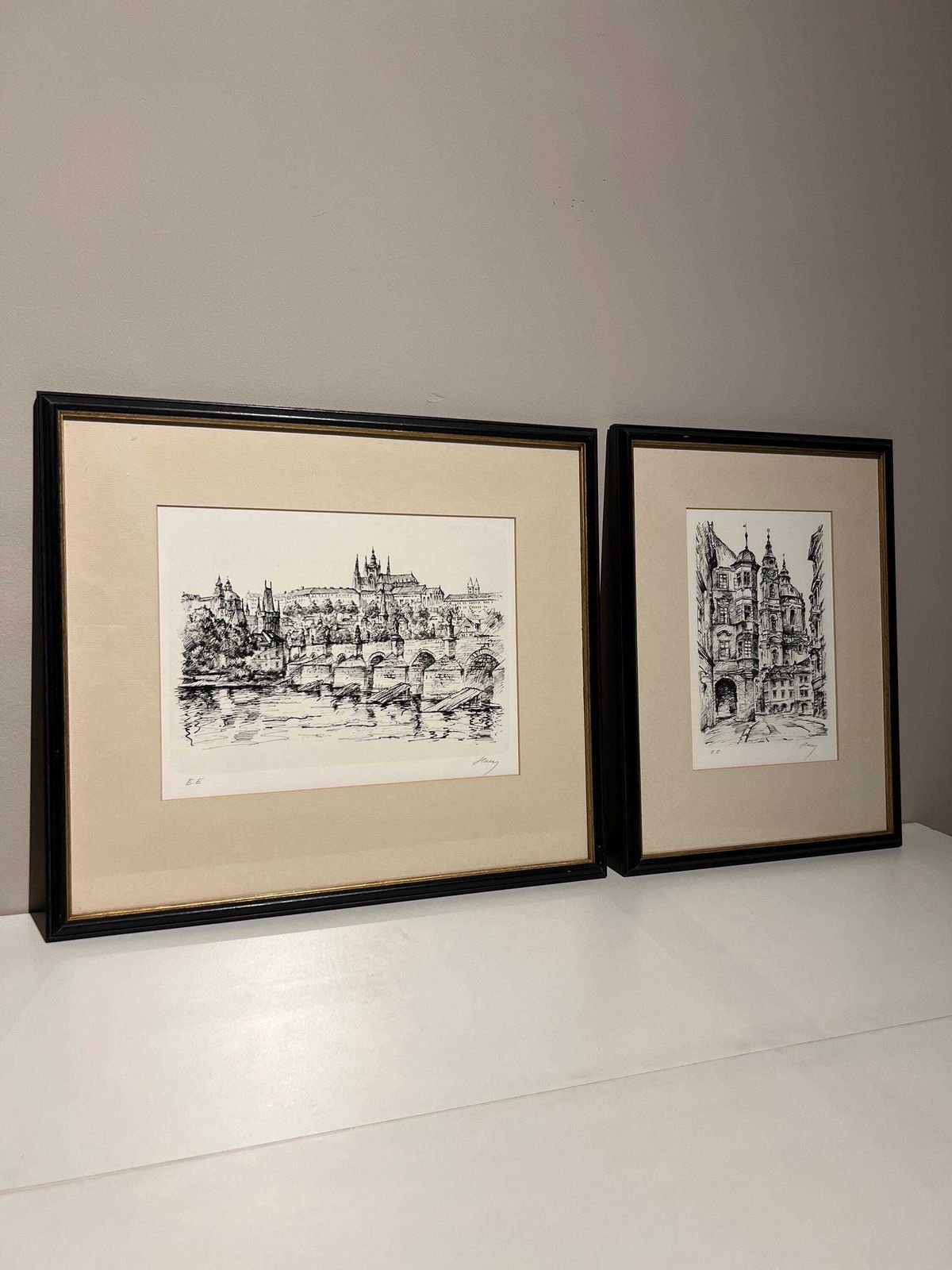 Set Of Two Framed Signed Prints – Prague Architecture And Cityscape Views