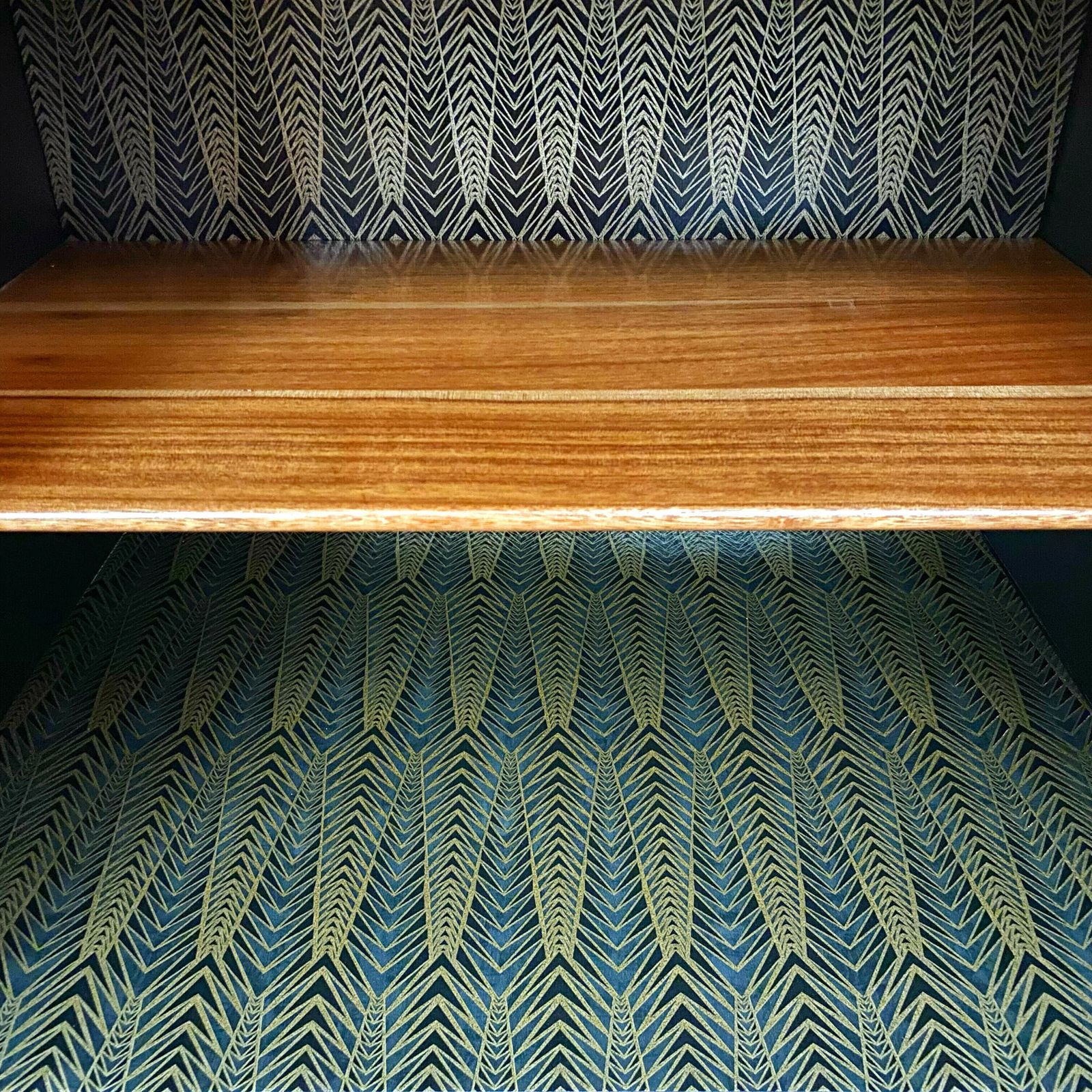 Furniture Mid Century Sideboard By Jentique In Teak Rosewood Tola With Black And Gold Chevron Design And Light photo