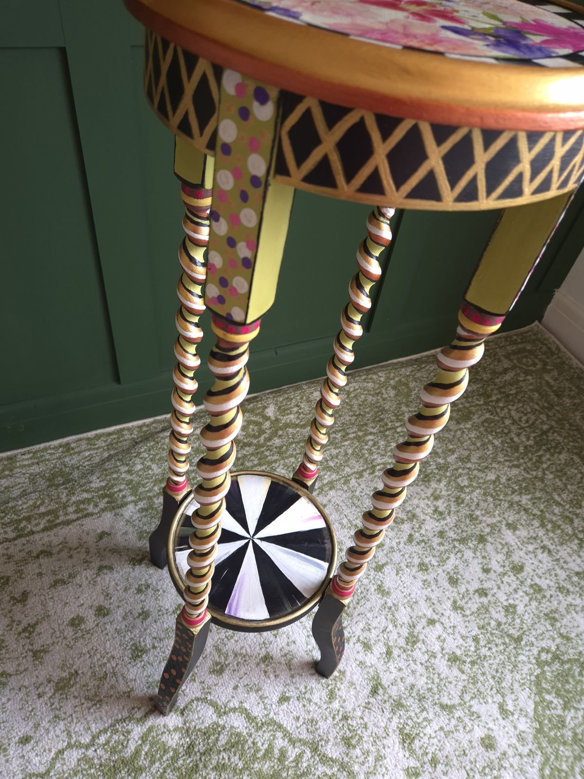 2 Tier Barley Twist Flower Table, Hand Painted In Mackenzie Childs(tm) Style, With Decoupage Top And Sides. photo 250.0