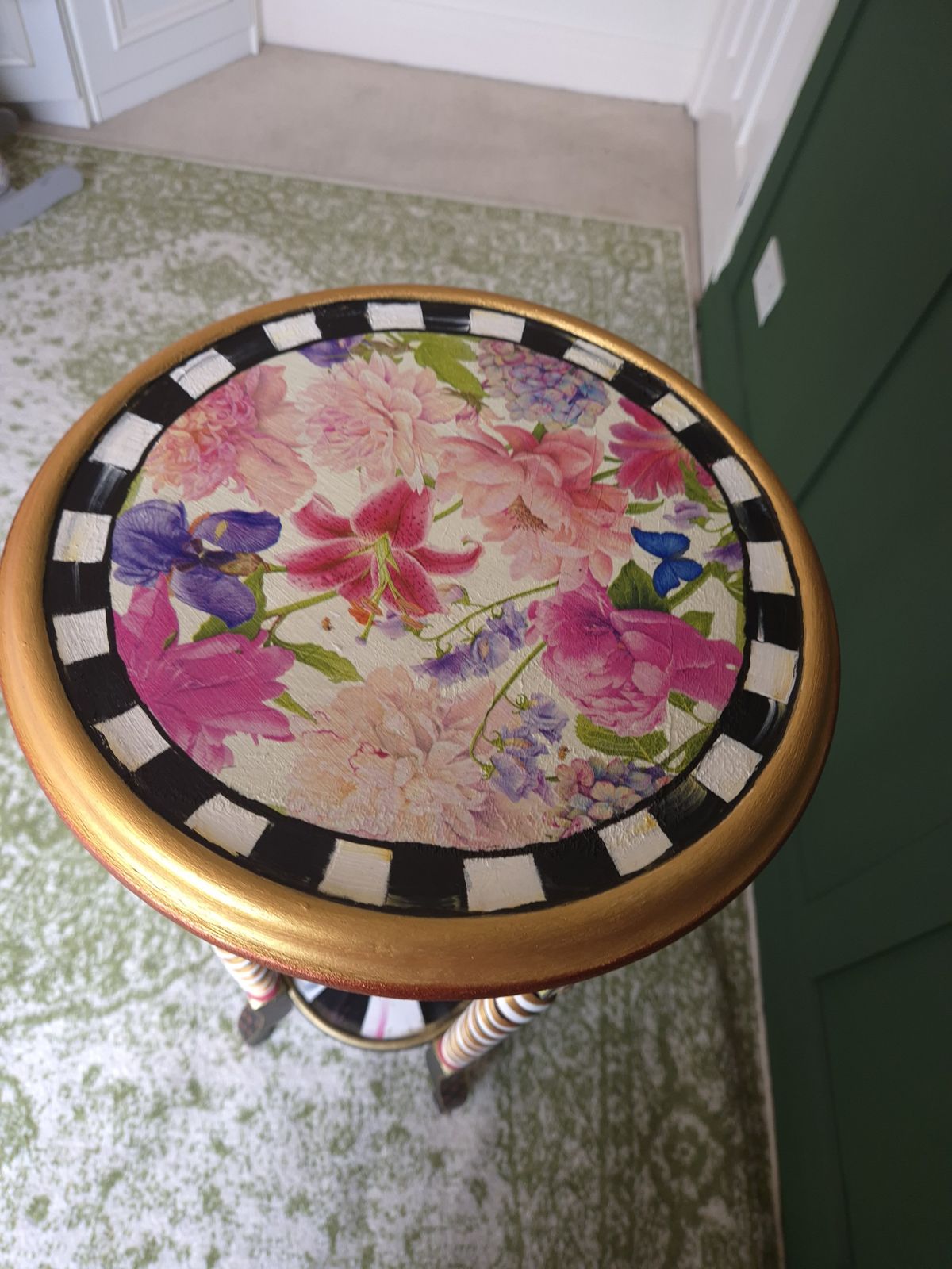 2 Tier Barley Twist Flower Table, Hand Painted In Mackenzie Childs(tm) Style, With Decoupage Top And Sides. photo vinterior