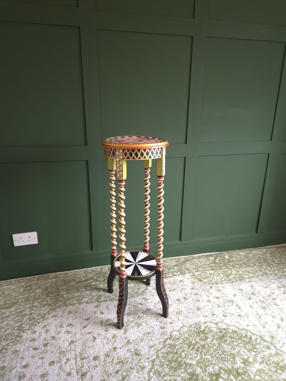 Furniture 2 Tier Barley Twist Flower Table, Hand Painted In Mackenzie Childs(tm) Style, With Decoupage Top And Sides. photo