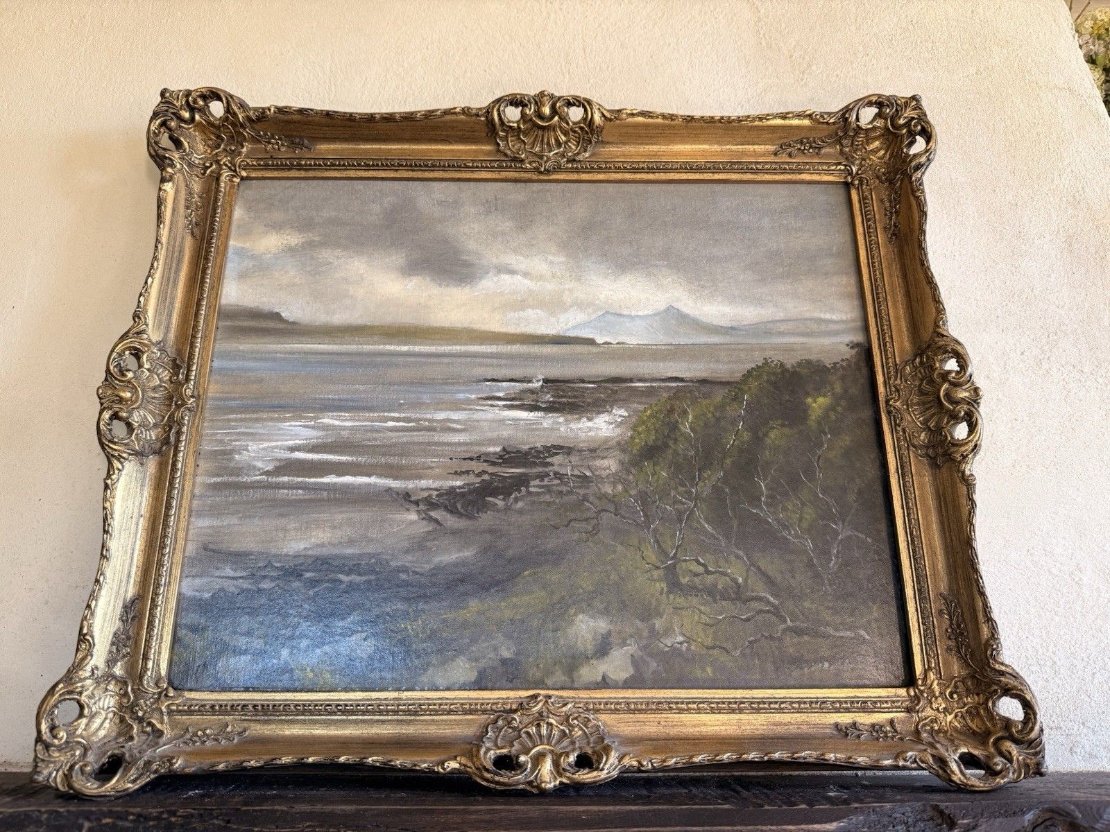 Antique Ornate Gilt Gold Landscape Signed Waves Wooden Wall  Framed Oil Painting photo furniture
