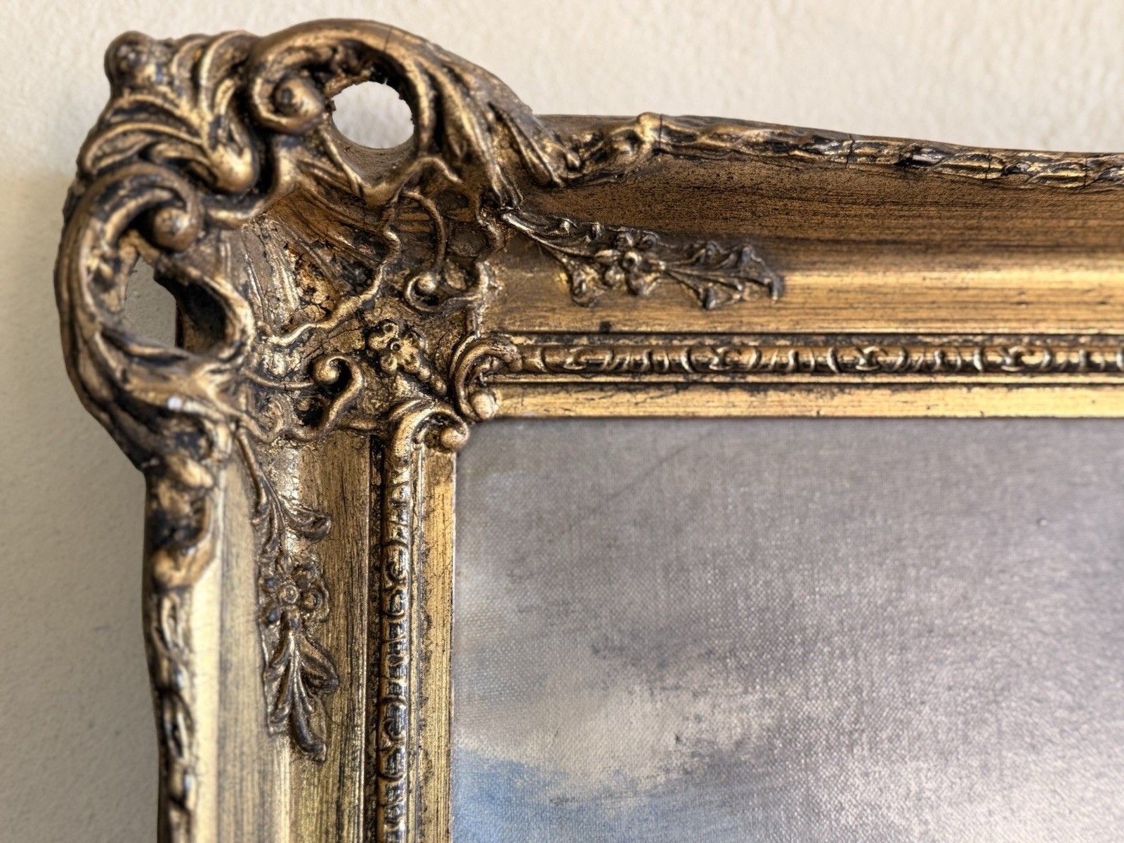 Antique Ornate Gilt Gold Landscape Signed Waves Wooden Wall  Framed Oil Painting photo vinterior