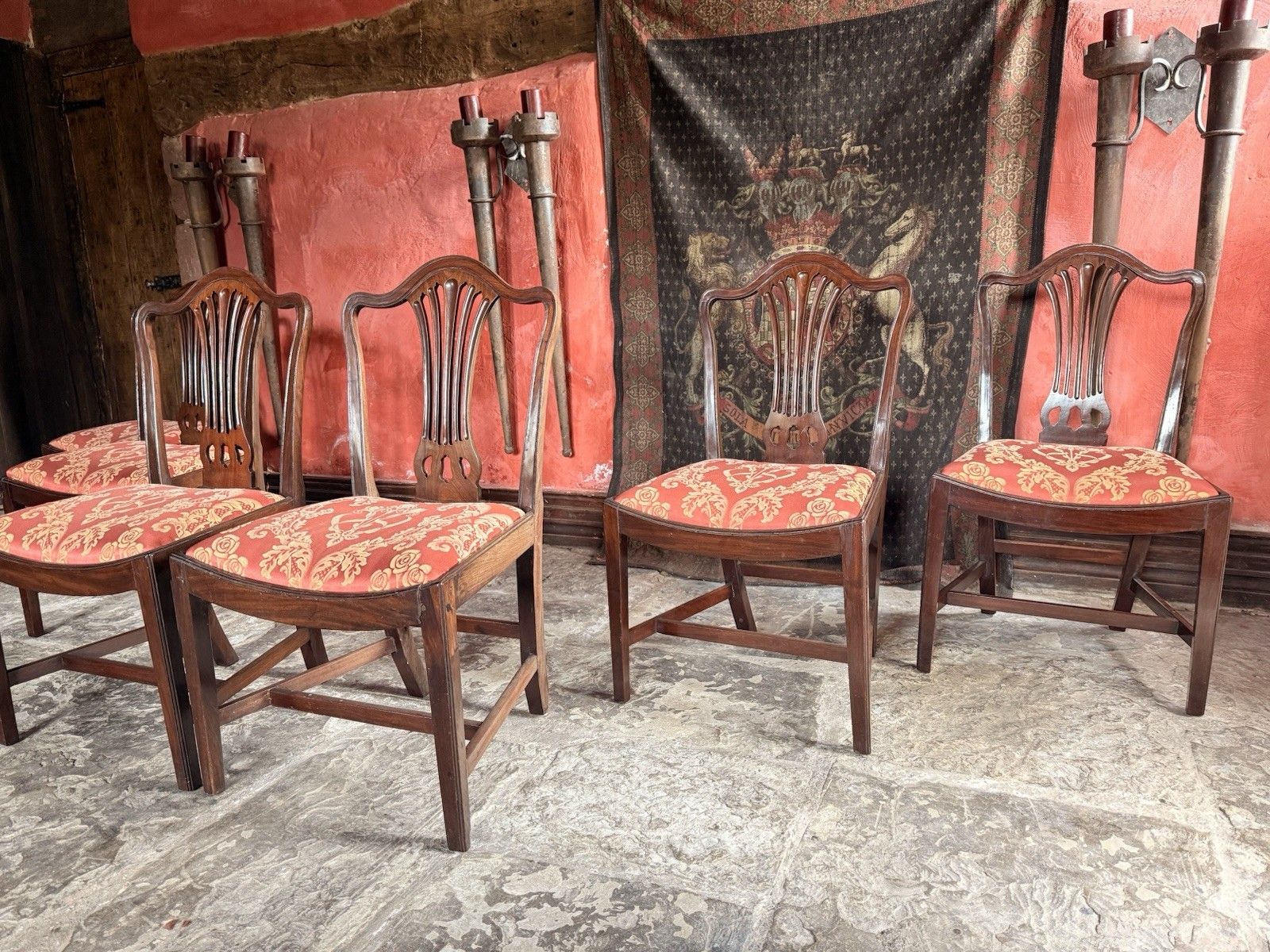 photo vinterior Set Of  Six Antique  Georgian Mahogany Drop In  Hepplewhite Dining Chairs C1800s
