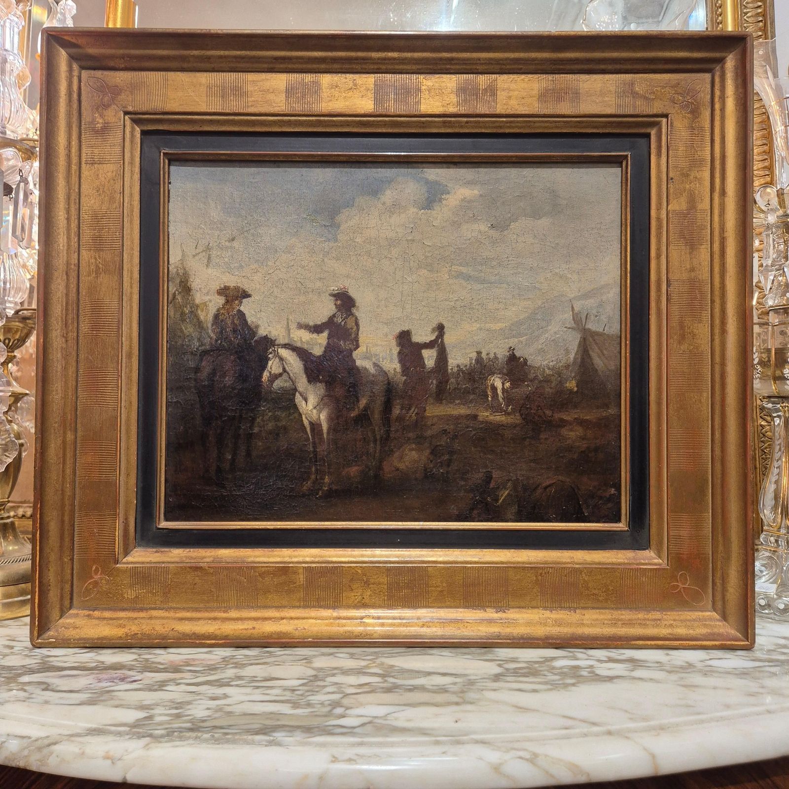 Art Court Hunting Scene, Flemish School Of The Late 17th Century, Oil On Canvas photo