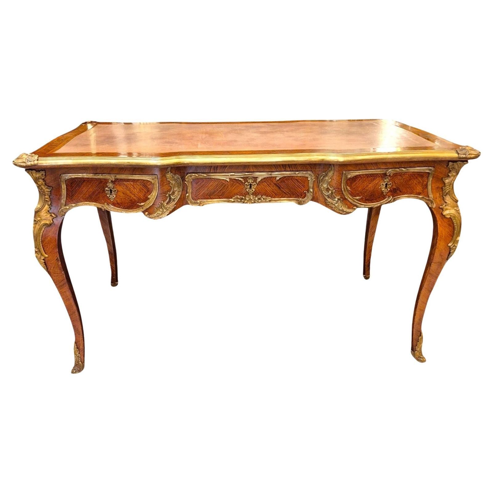Large Louis XV Style Flat Desk, Marquetry And Gilt Bronze, 19th Century Work