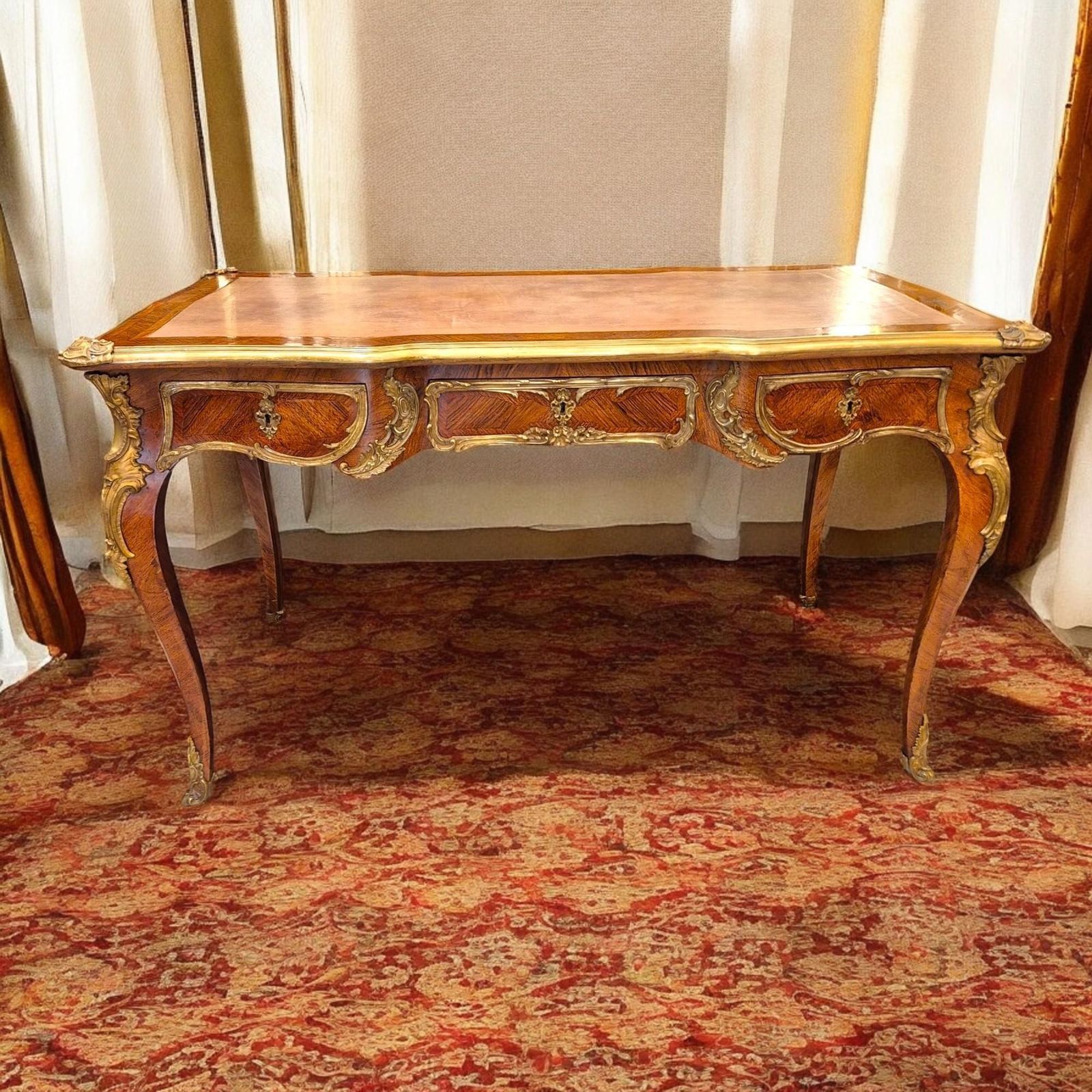 Large Louis XV Style Flat Desk, Marquetry And Gilt Bronze, 19th Century Work photo furniture