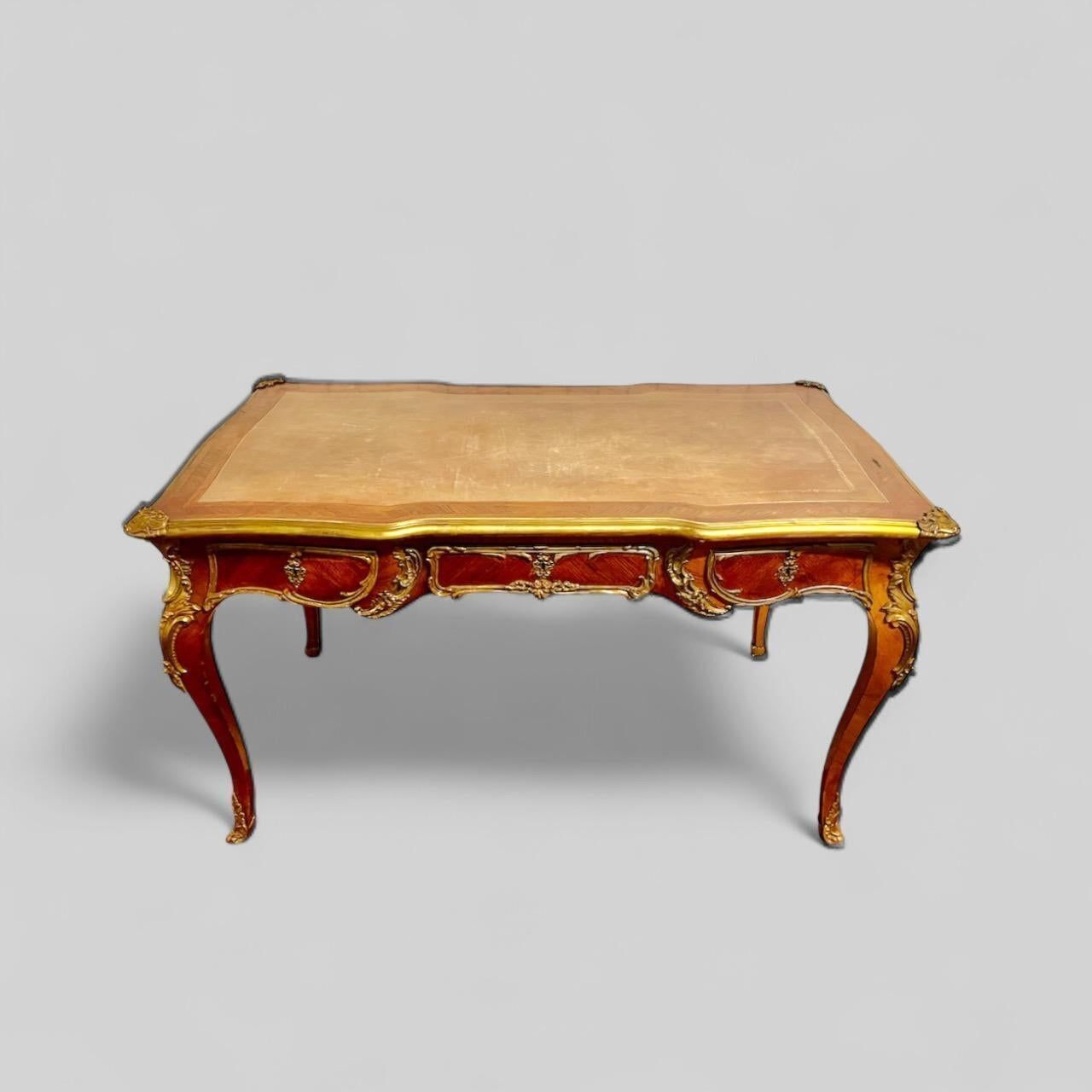 Large Louis XV Style Flat Desk, Marquetry And Gilt Bronze, 19th Century Work photo Furniture