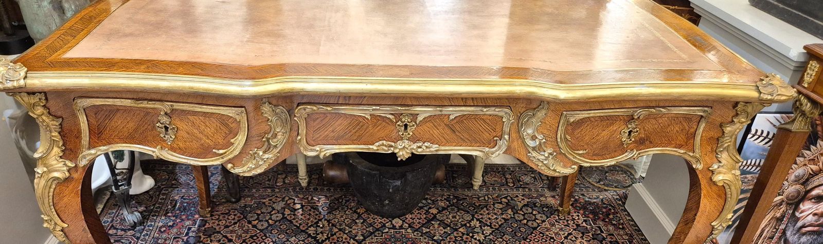 Large Louis XV Style Flat Desk, Marquetry And Gilt Bronze, 19th Century Work photo buy