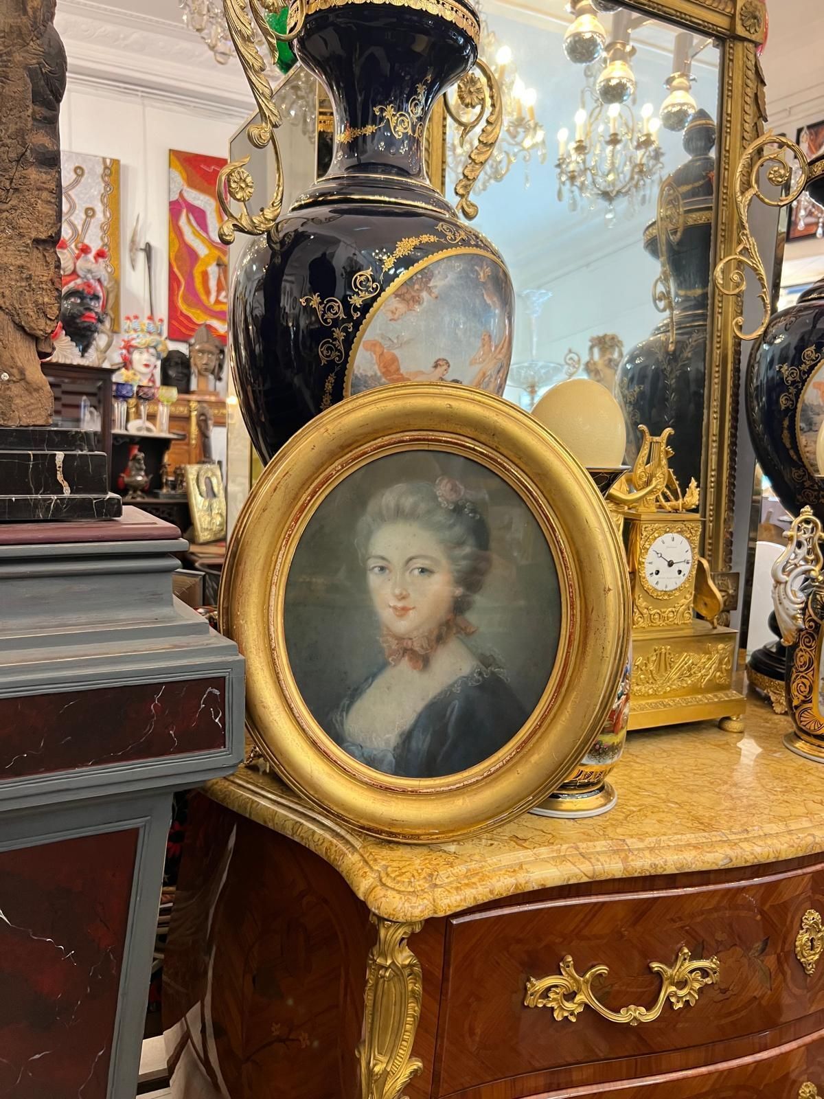 photo furniture Portrait Of A Young Woman In An Gilt Oval Frame, Pastel Drawing, 18th Century