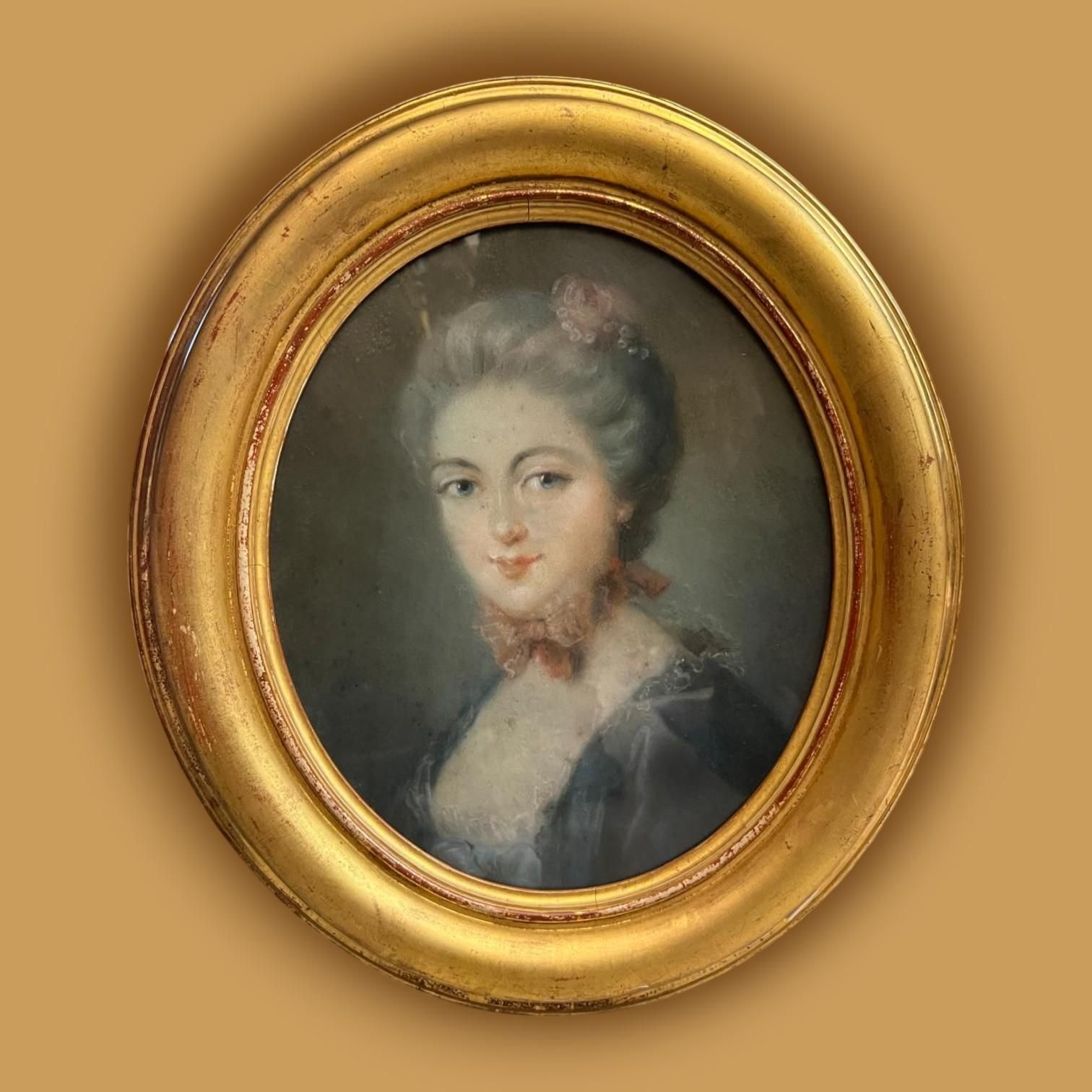 Art Portrait Of A Young Woman In An Gilt Oval Frame, Pastel Drawing, 18th Century photo