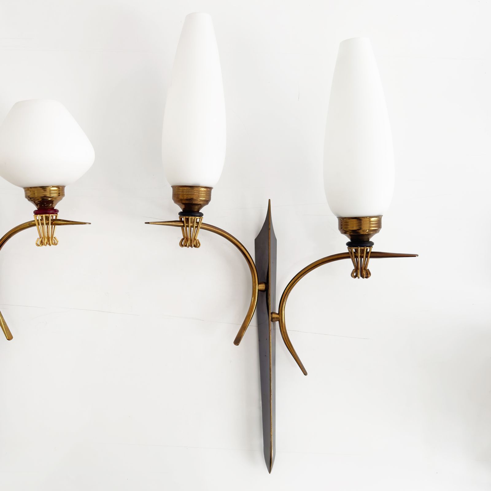 20th Century Pair Of Two Lights Wall Lamps By Maison Arlus In Gilded Brass & Opaline, 1960s photo furniture