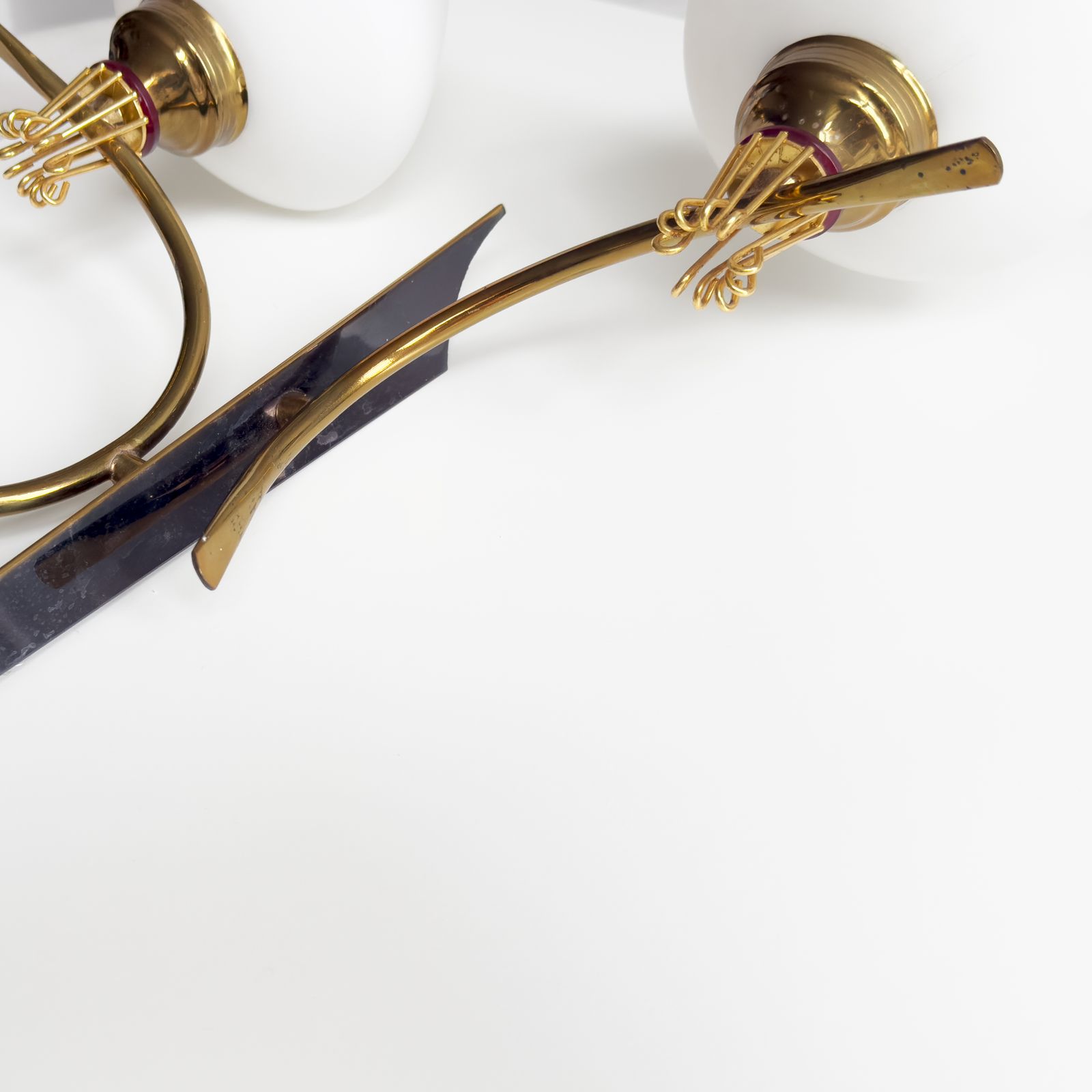 20th Century Pair Of Two Lights Wall Lamps By Maison Arlus In Gilded Brass & Opaline, 1960s photo Lighting