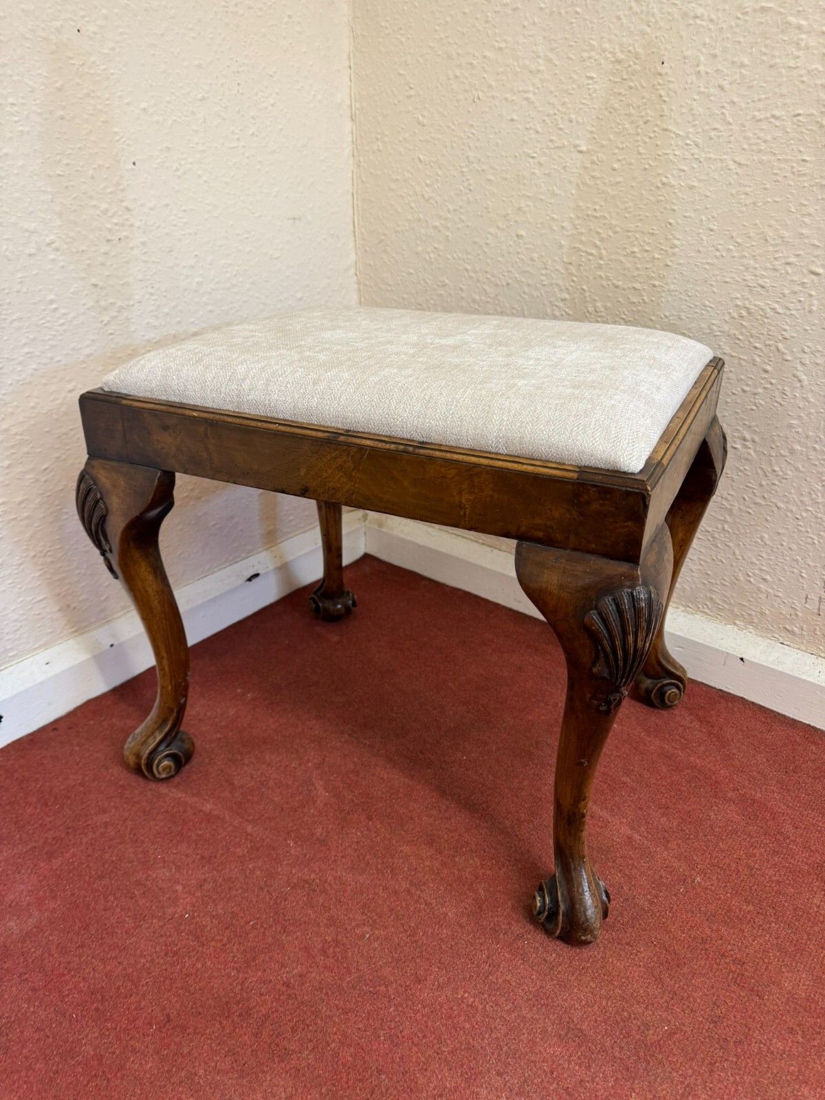 Fabulous Antique Walnut Upholstered Stool Circa 1920 photo vinterior
