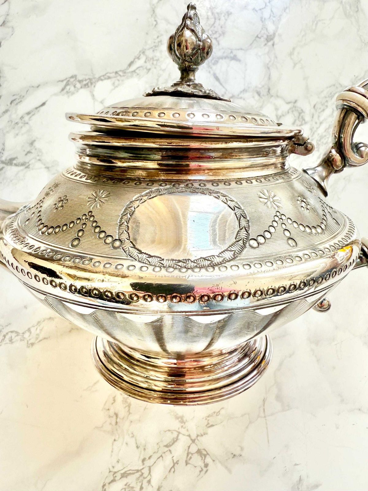 Antique French Edwardian Silver Plated Teapot Fine Etched And Embossed Decor Circa 1900 photo for sale
