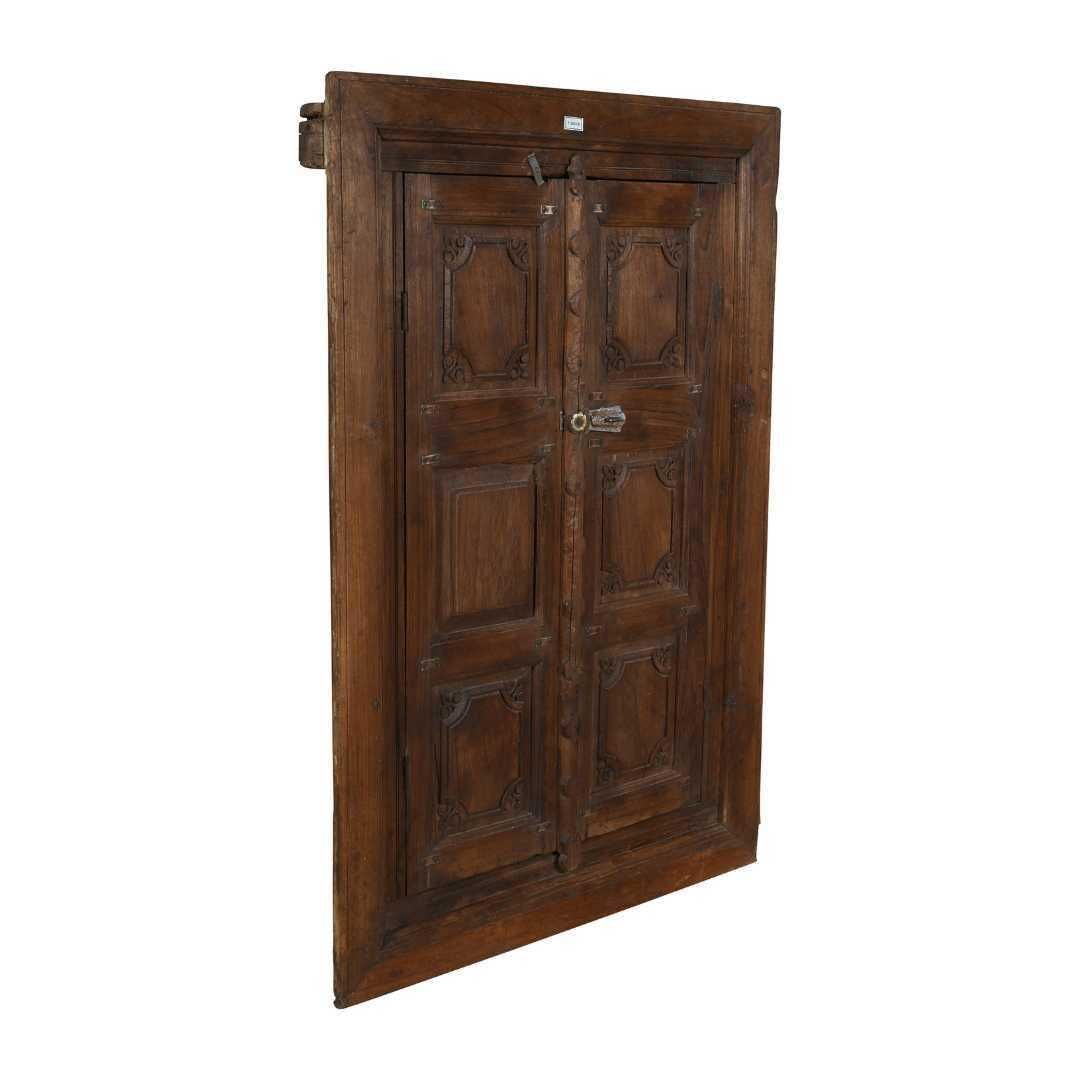 Antique Walnut Brown Indian Teak Shutter Mirror – Carved 19th Century Window Frame photo for sale