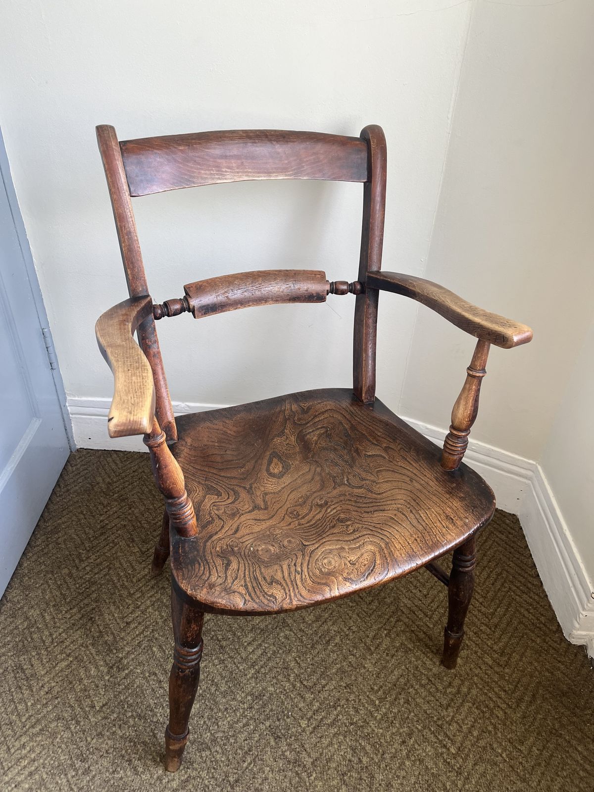 Victorian Oxford Windsor Scroll Back Farmhouse Elbow Arm Chair, 1800s photo for sale