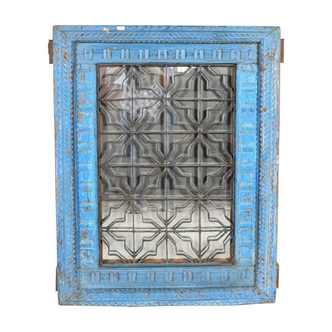 Antique Azure Blue Indian Teak & Iron Jali Window Mirror – Carved 19th Century Rajasthan Frame