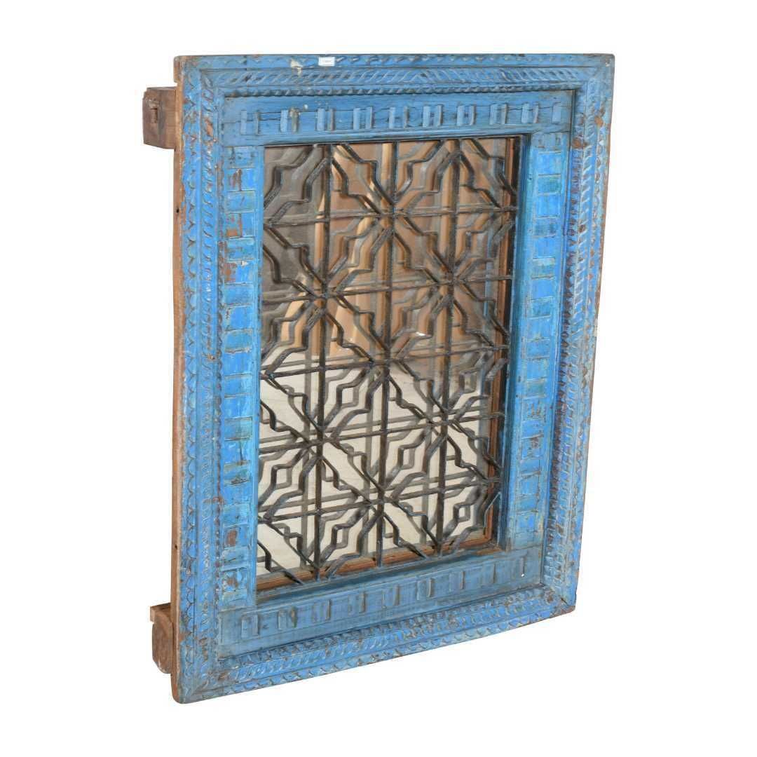 Antique Azure Blue Indian Teak & Iron Jali Window Mirror – Carved 19th Century Rajasthan Frame photo furniture